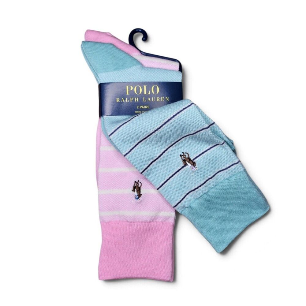 NWT Polo Ralph Lauren Men's Hyde Park Oxford Stripe Socks 2-Pk Pastel Size 10-13